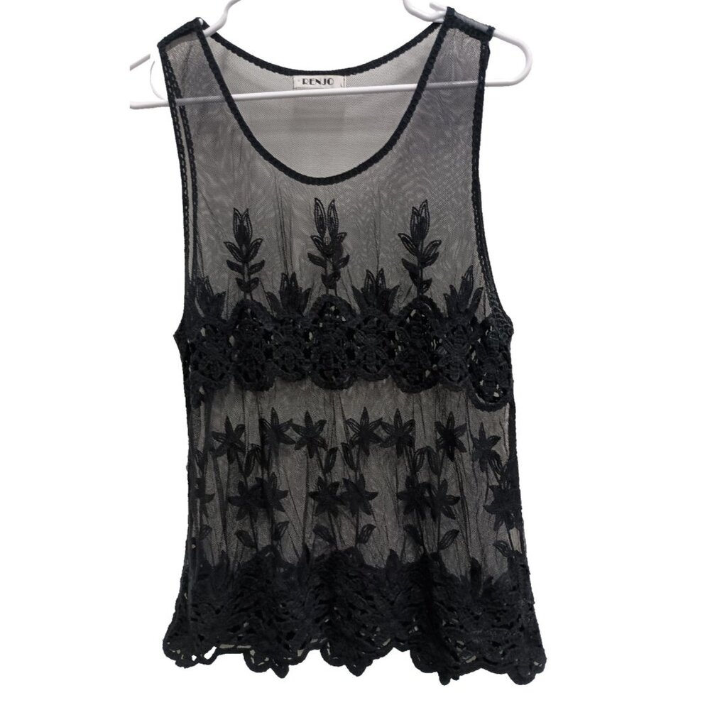 Renjo Fairy Grunge Tank Top Womens Size Large Black Sheer Mesh‎ Embroidered